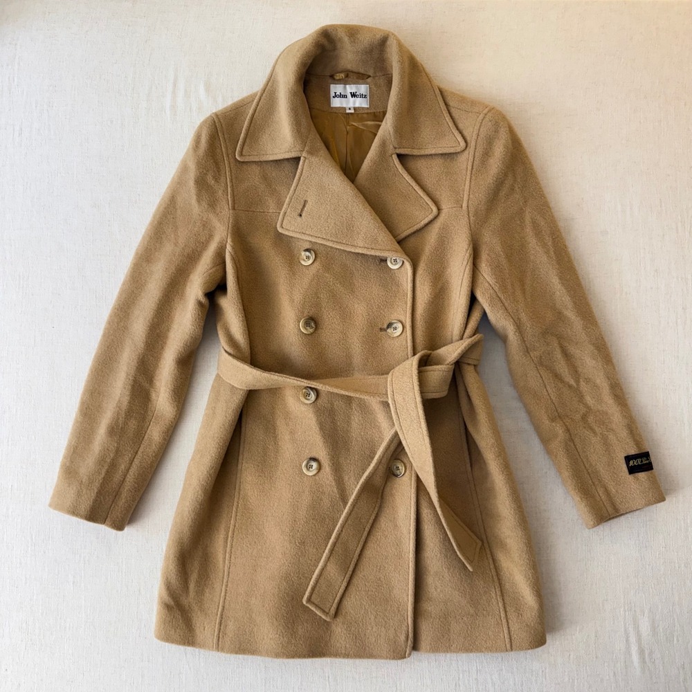 Vintage John Weitz Pure Camel Hair Double Breasted Pea Coat Women Size 8 Tan